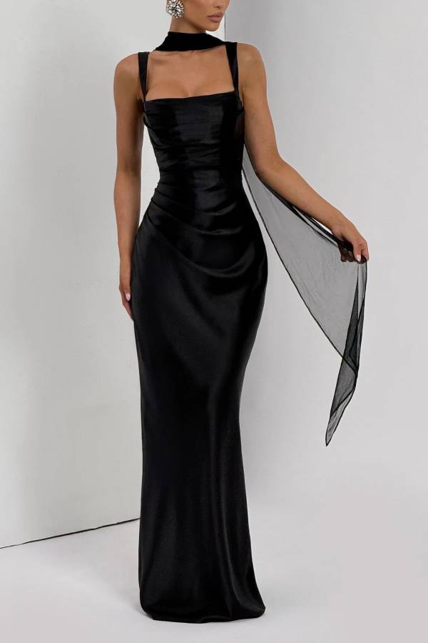 Square Neck Wide Strap Satin Ruched Mermaid Long Evening Dress