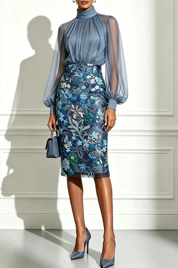 Analie Chiffon High Neck Lantern Sleeve Floral Sequined Hem Sheath Midi Dress