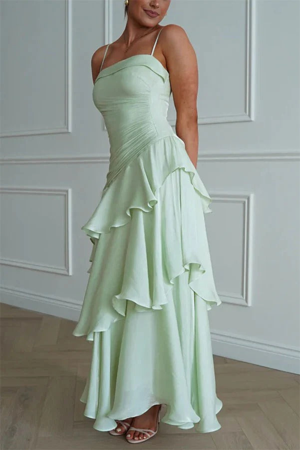 Arlow Multi-layered Ruffles Square Neck Slip Maxi Dress