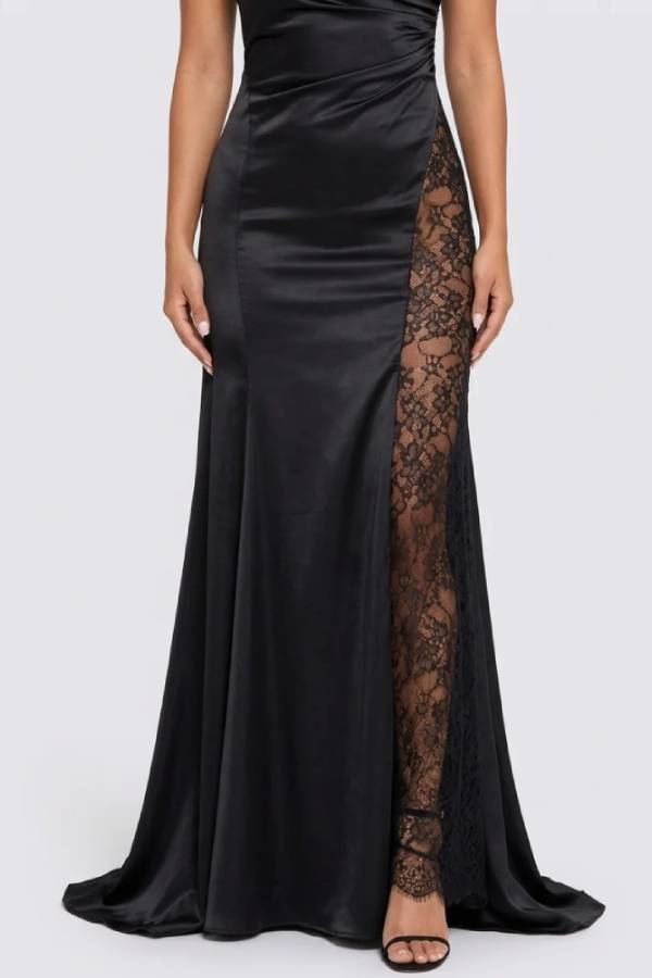 Women's One Shoulder Black Satin Maxi Dress with Sheer Lace Insert Panel