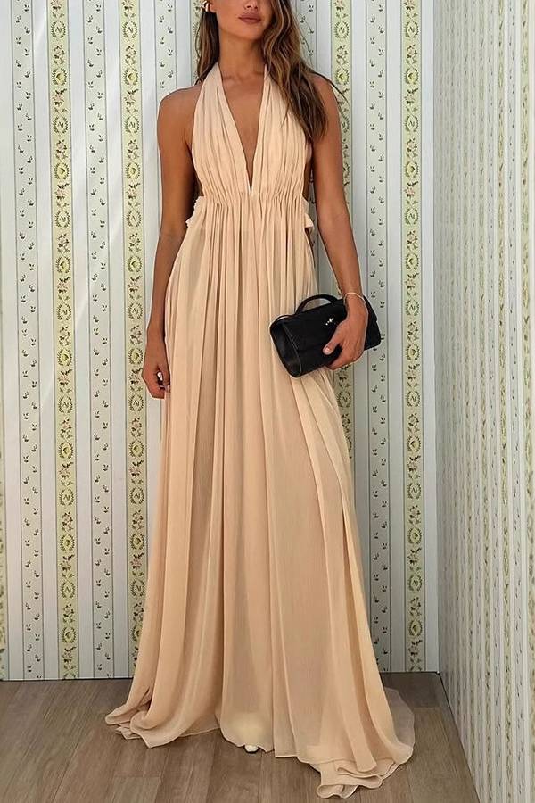 Nude Beige Halter Neck Deep V Backless Empire Waist Flowy Maxi Dress