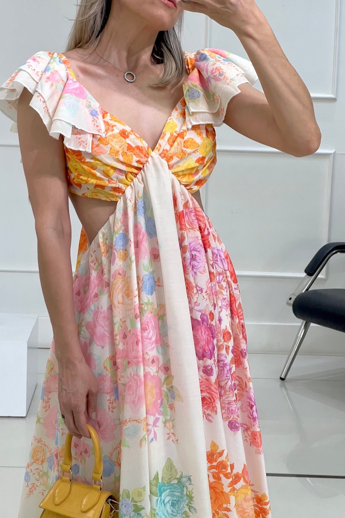 Blooming Beauty Multicolor Floral Frill Cutout Back Tie-Up Maxi Dress