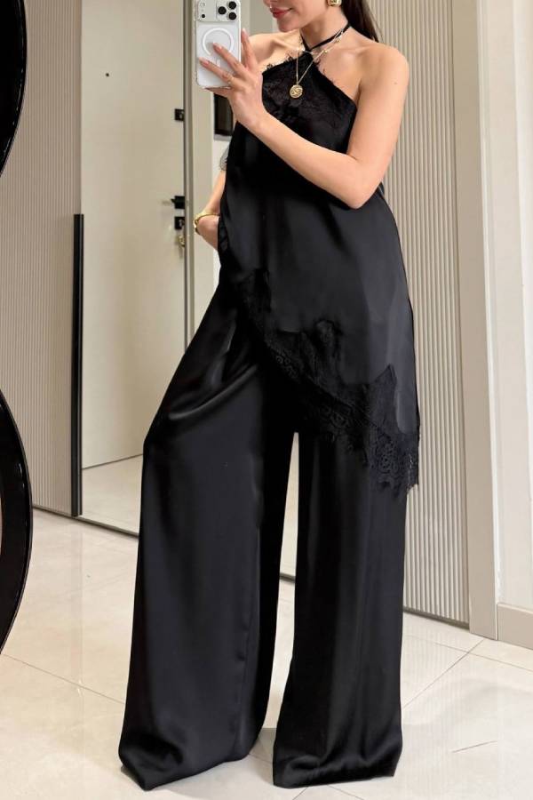 Satin and Lace Halter-Neck Wide-Leg Pants Set