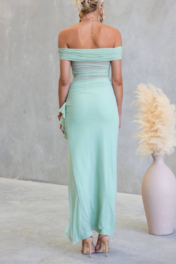 Off Shoulder Sheer Mesh Ruched Ruffle Slit Bodycon Maxi Dress