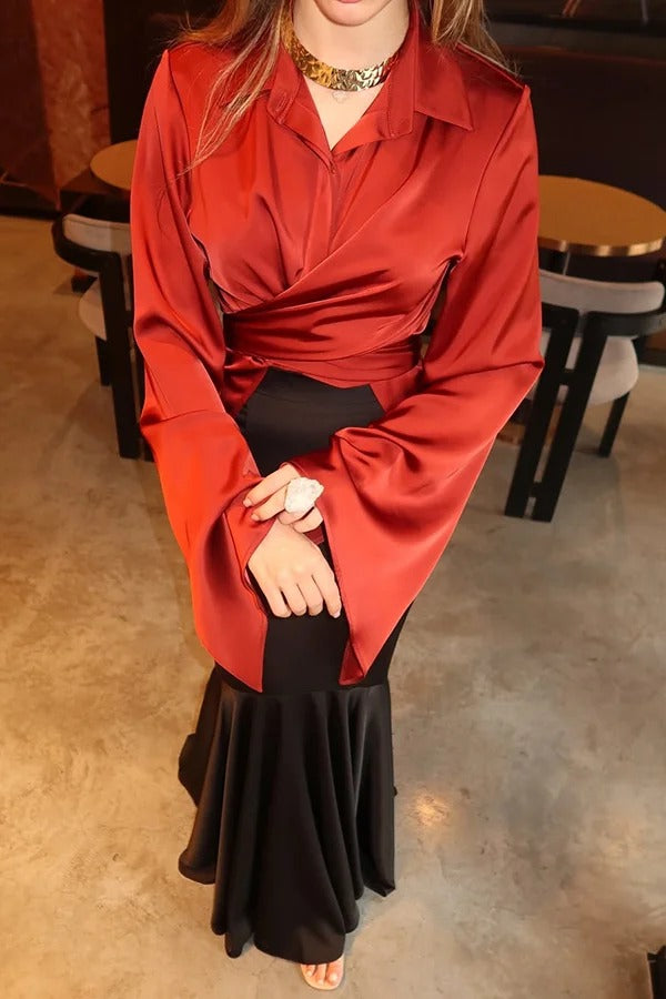 Jenny Satin Button Front Center Cross Straps Long Bell Sleeve Shirt