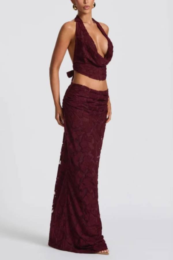 Halter Cowl Neck 3D Floral Lace Crop Top & Mermaid Maxi Skirt Two-Piece Set