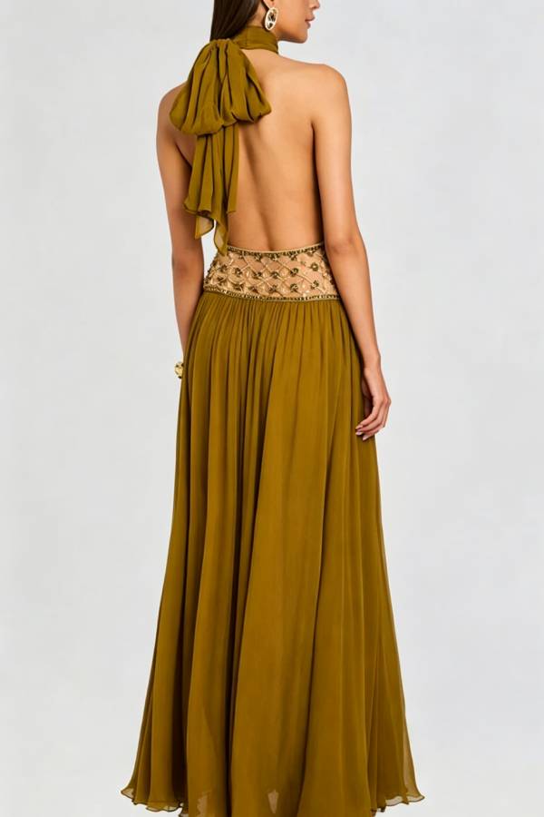 Kreeli Lightweight Tulle High Tie-up Neck Beaded Embellishment Waist Backless Slit Maxi Dress
