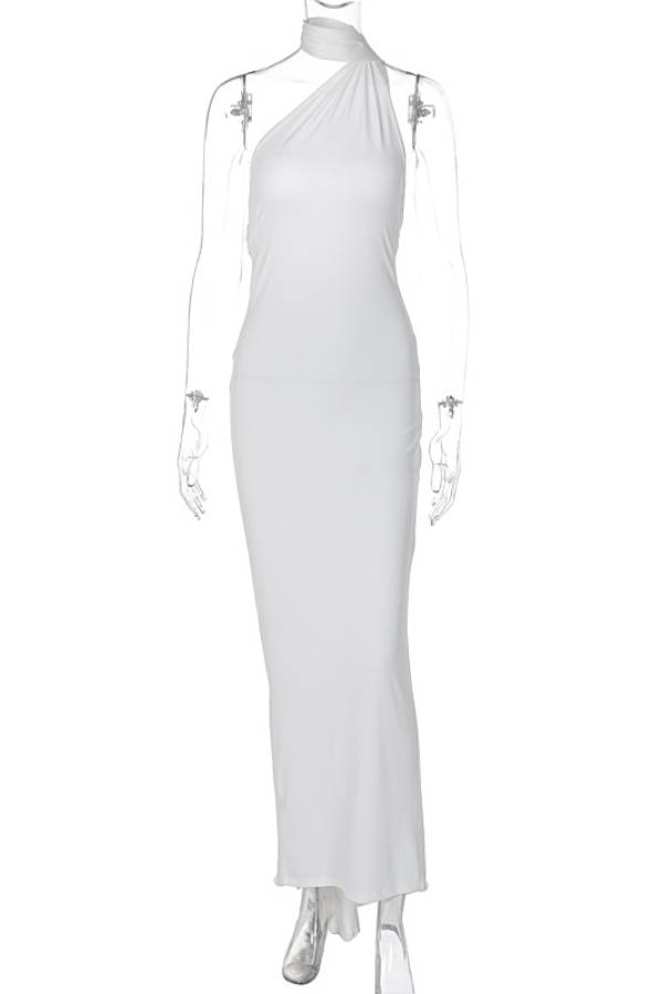 One-shoulder backless long dress with train