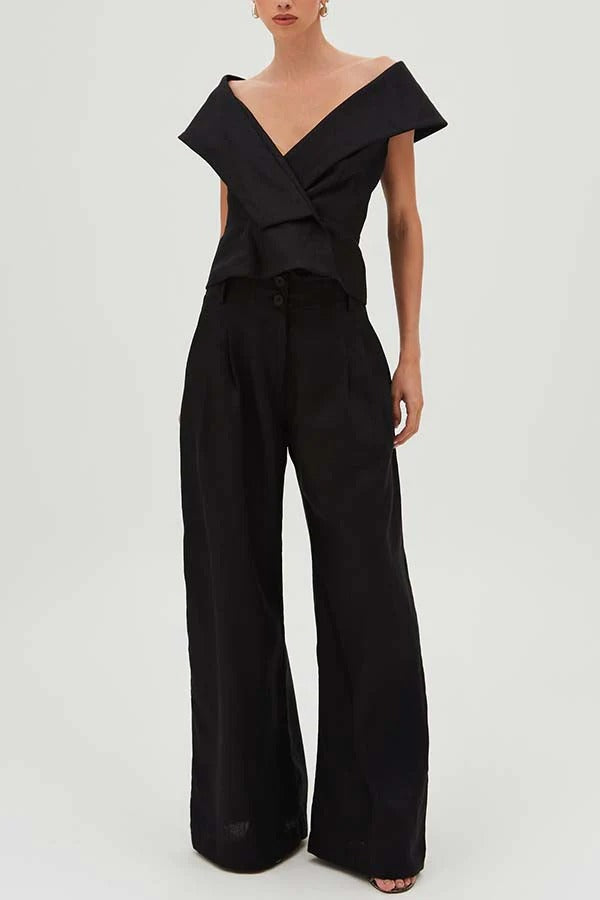 Velena Linen Blend Button Up Lapel Top and High Rise Pocket Wide Leg Pants Set