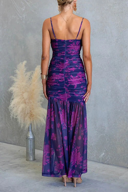 Spaghetti Strap Ruched Slit Floral Print Maxi Dress
