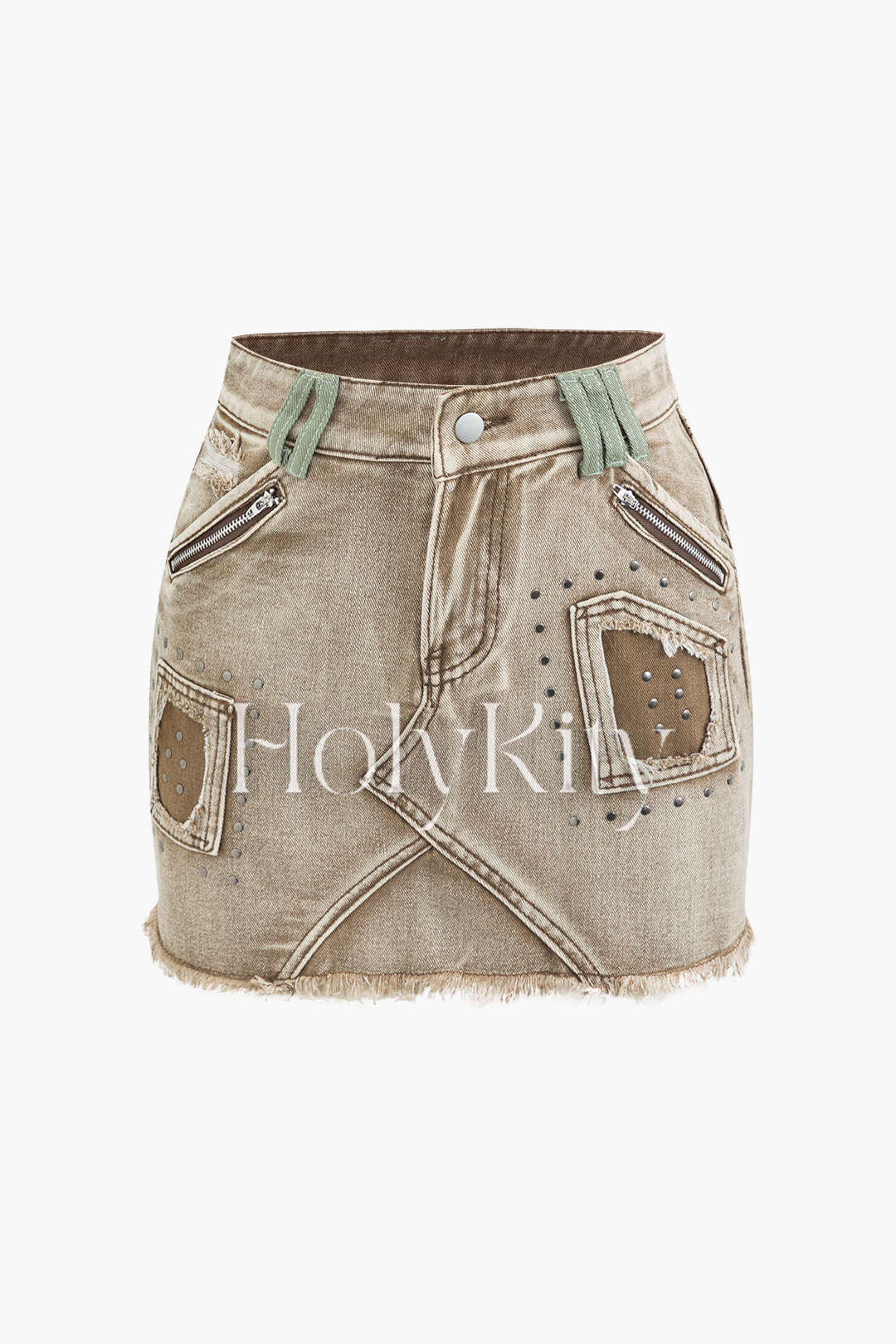 Mini-jupe patchwork en jean effilochée