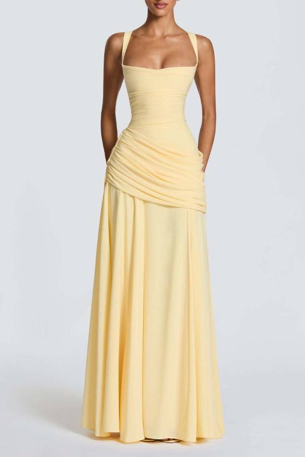 Square Neck Cross Ruched Waist Chiffon Evening Gown