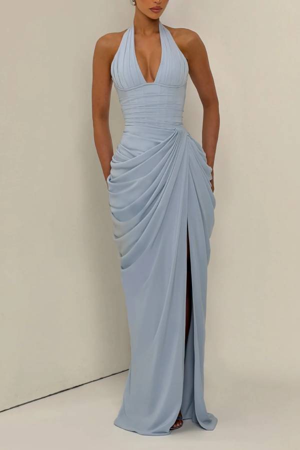 Minette Halter Back Lace-up Asymmetrical Pleats Slit Maxi Dress