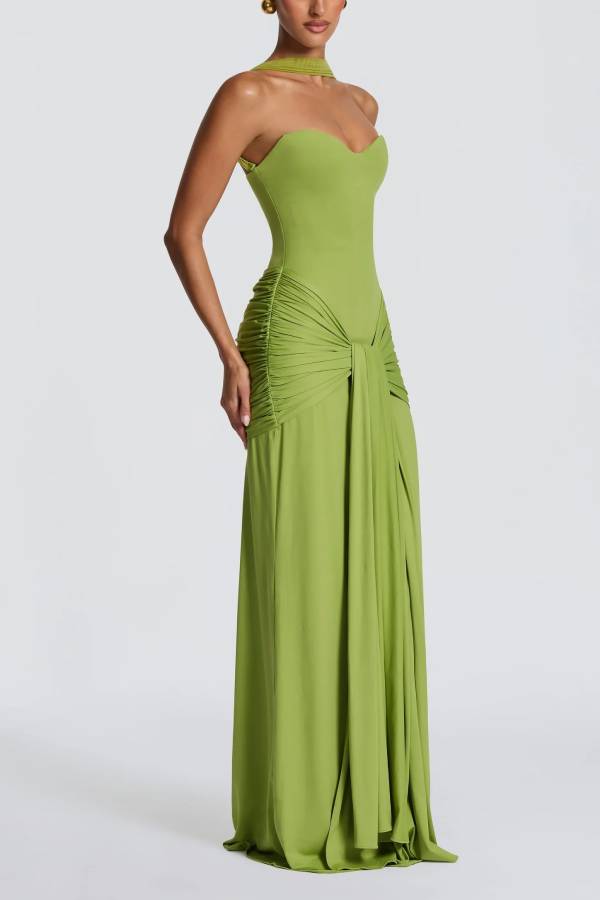 Gia Jersey Sweetheart Neck Detachable Mesh Halter Strap Draped Hem Maxi Dress