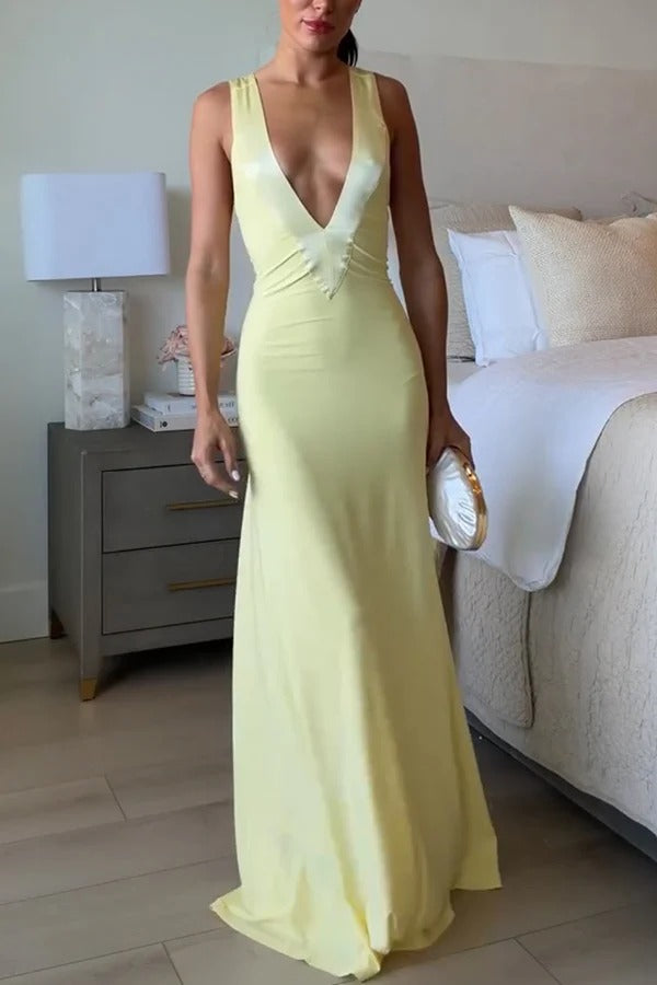 Moon Light Satin V-neck Draping Knit Fabric Backless Maxi Dress