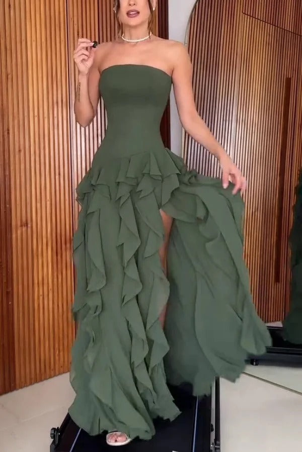 Elegant Sleeveless Off-shoulder Fitted Ruffled High Slit Maxi Dress