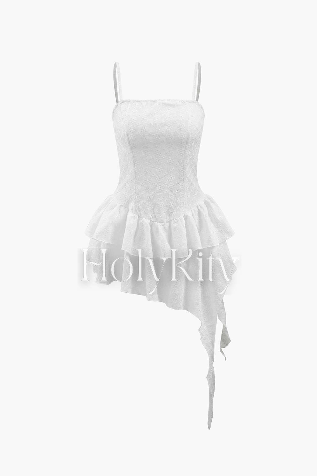 Asymmetrisches Minikleid mit bestickten Ösen und Rüschen