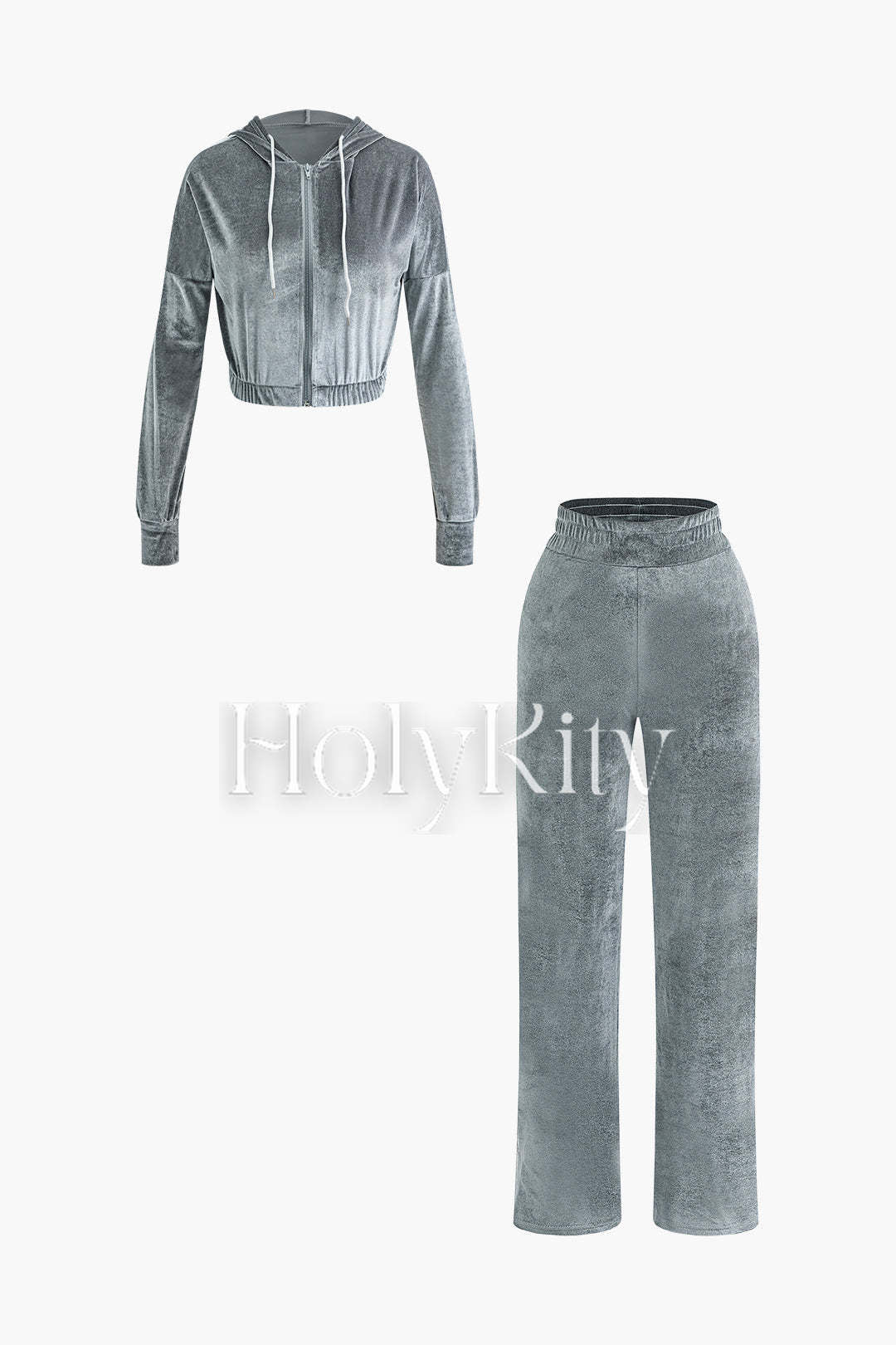 Set aus Samtoberteil mit Reißverschluss und Kapuze und Hose mit hoher Taille