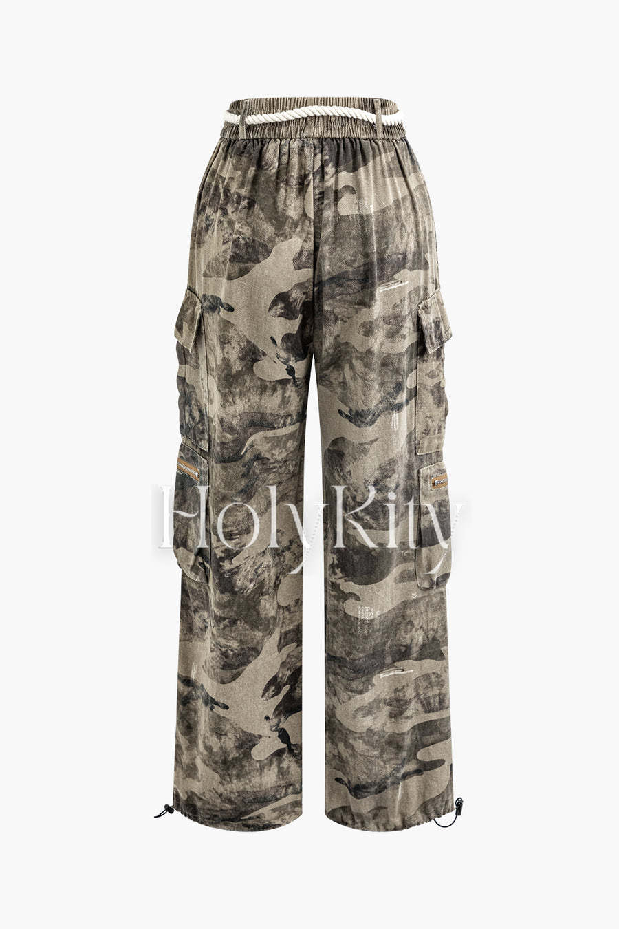 Cargohose mit Batikmuster und hoher Taille, mehreren Taschen und Seilschnürung, geradem Bein