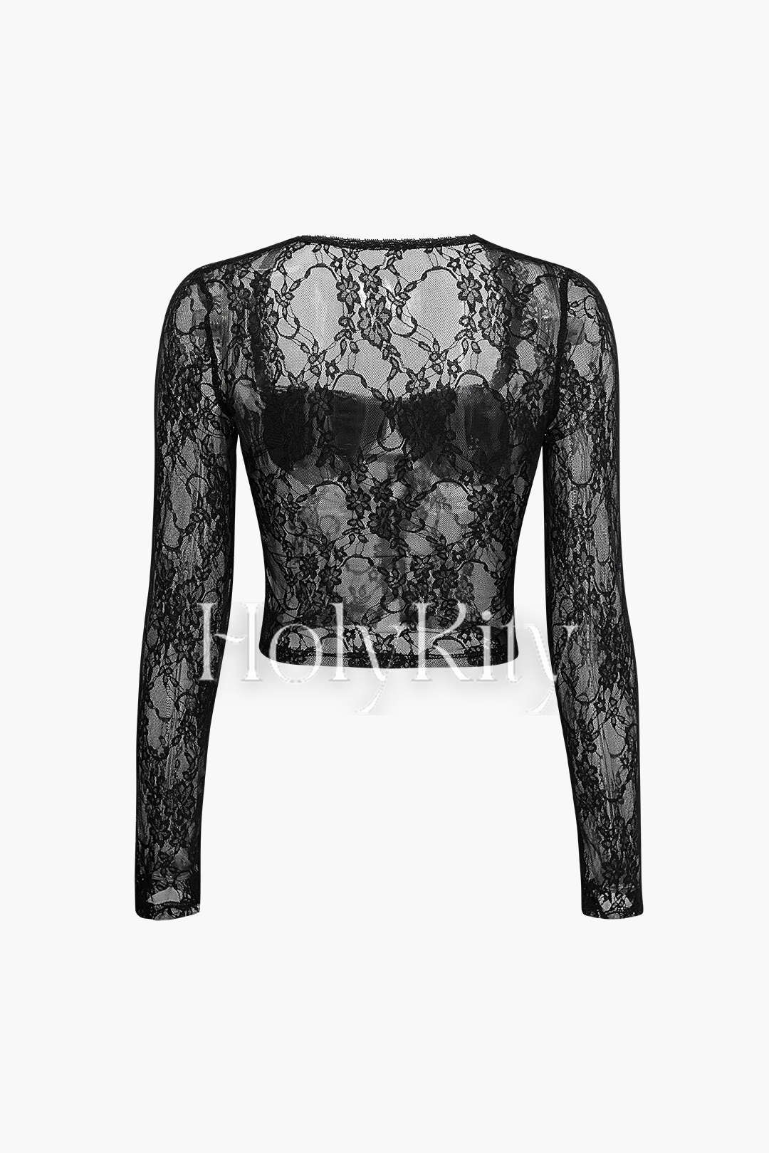 Haut court à manches longues et col carré en dentelle transparente