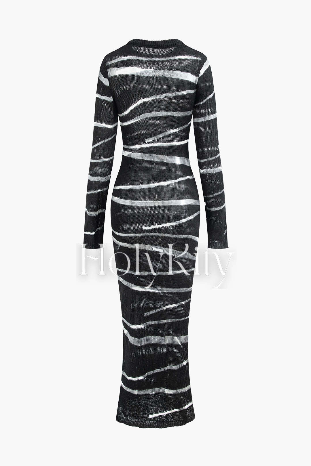 Stripe Round Neck Open Knit Long Sleeve Maxi Dress
