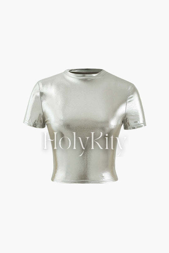 Metallic-Crop-Top mit kurzen Ärmeln