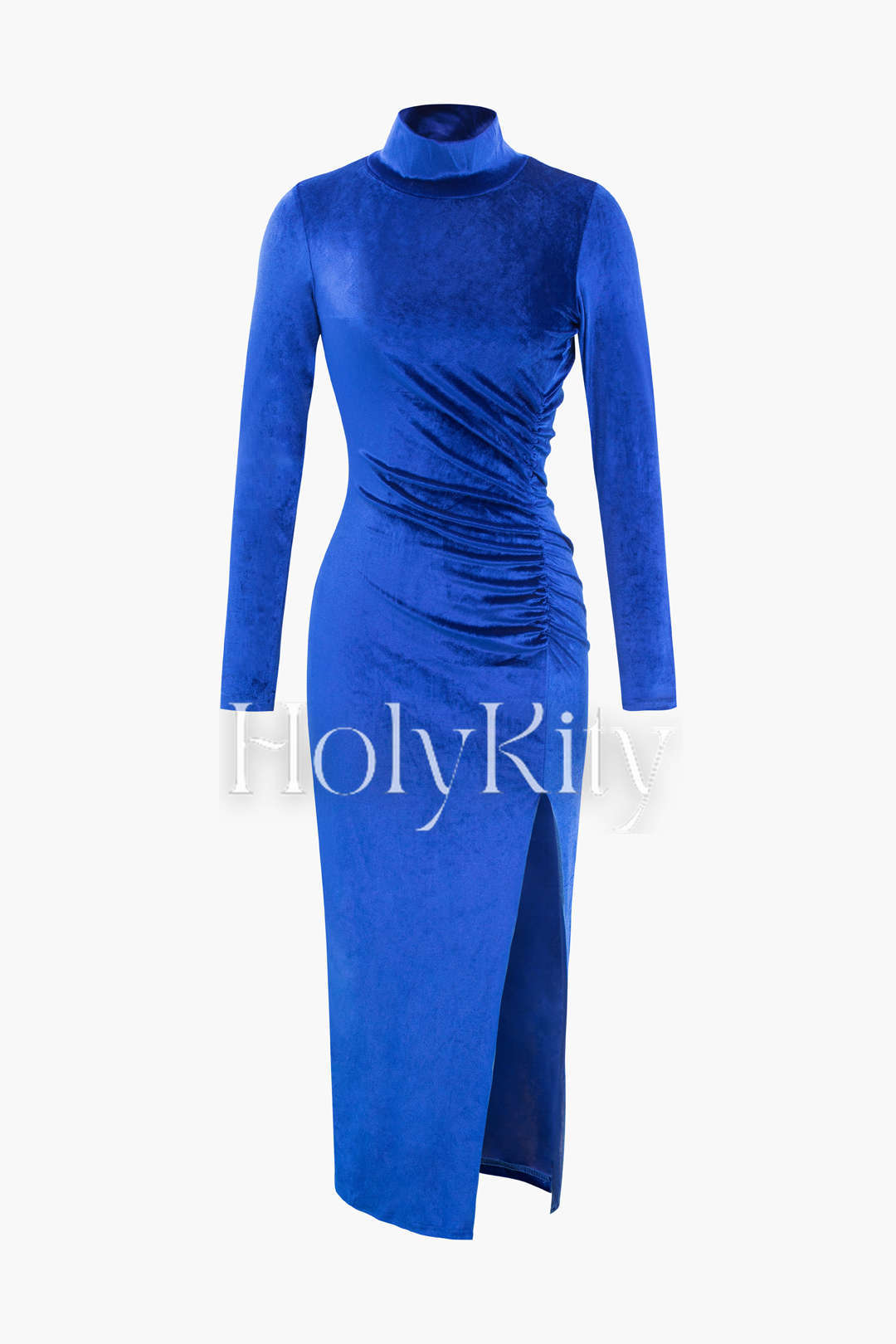 Maxikleid aus Samt mit Stehkragen, Rüschen und Schlitz