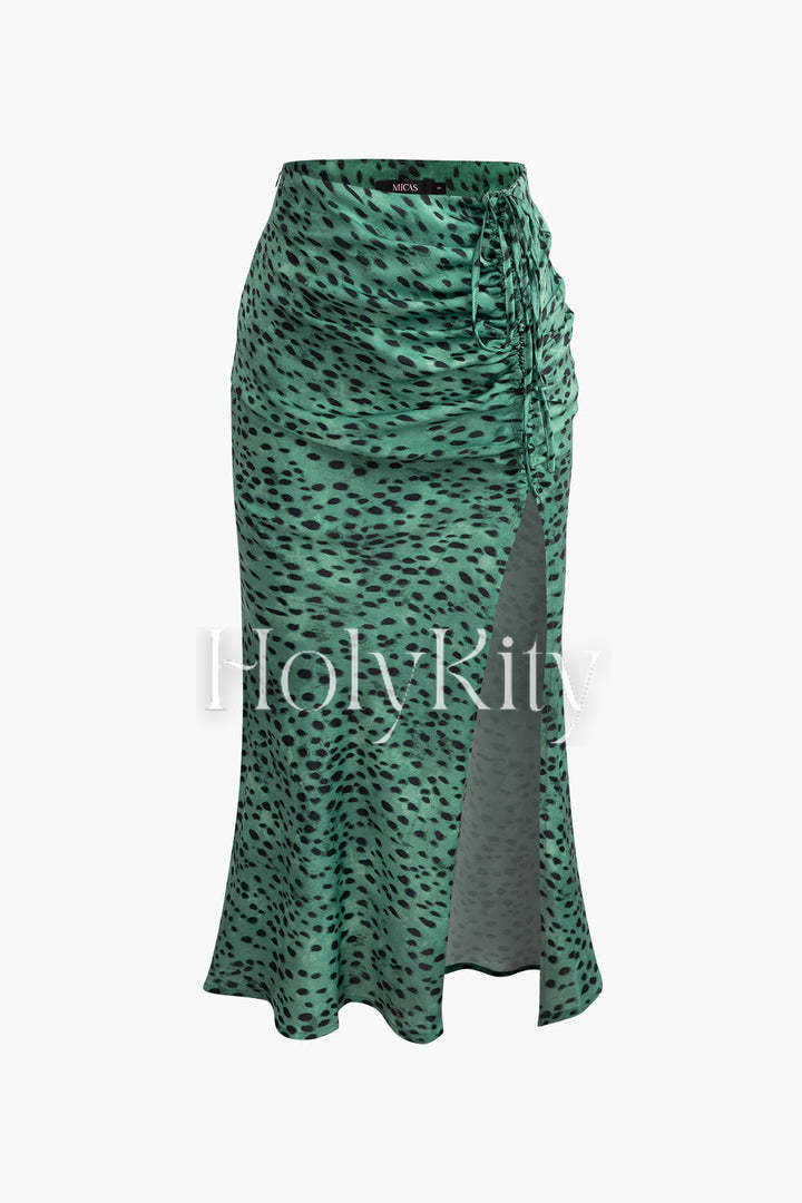 Leopard Drawstring Slit Skirt
