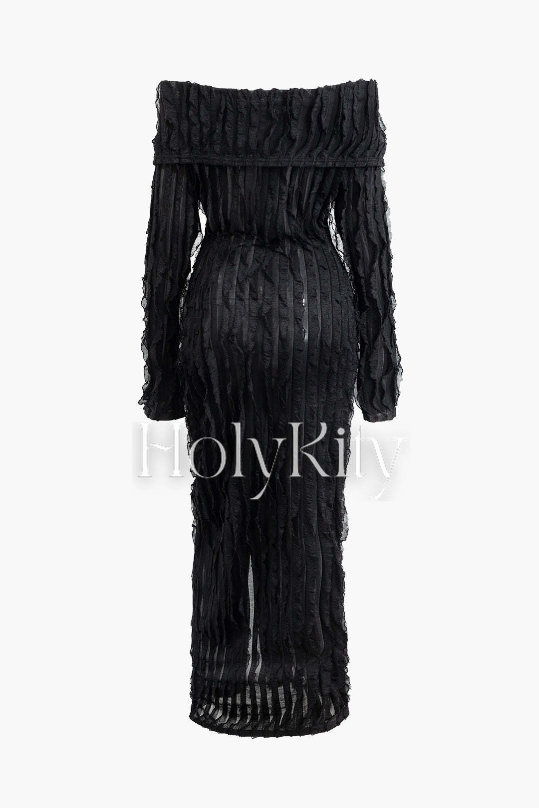 Schulterfreies, strukturiertes Maxikleid mit Knopfleiste und Schlitz und langen Ärmeln