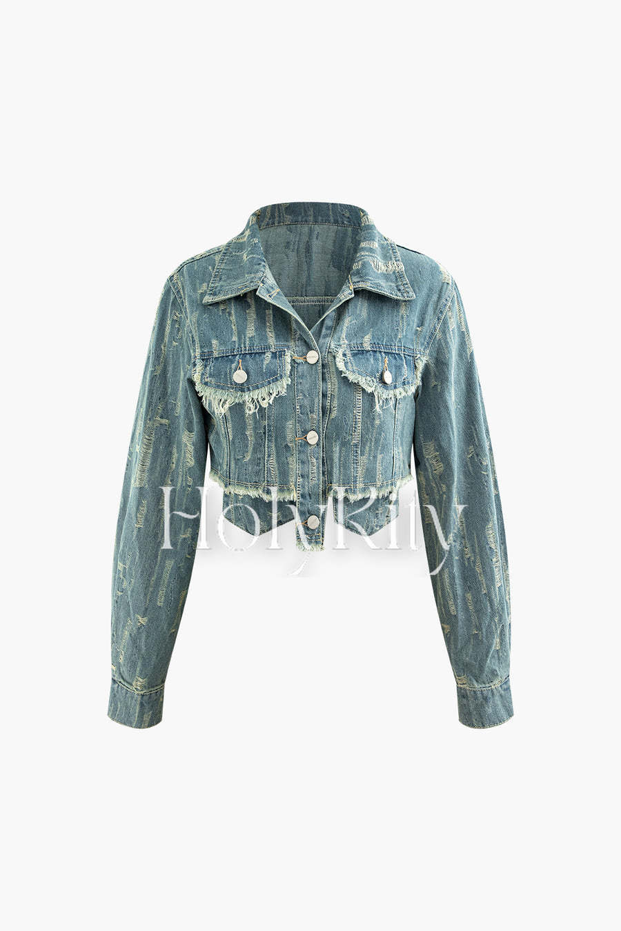 Frayed Denim Flap Pocket Button Up Crop Jacket And Slit Skirt Set