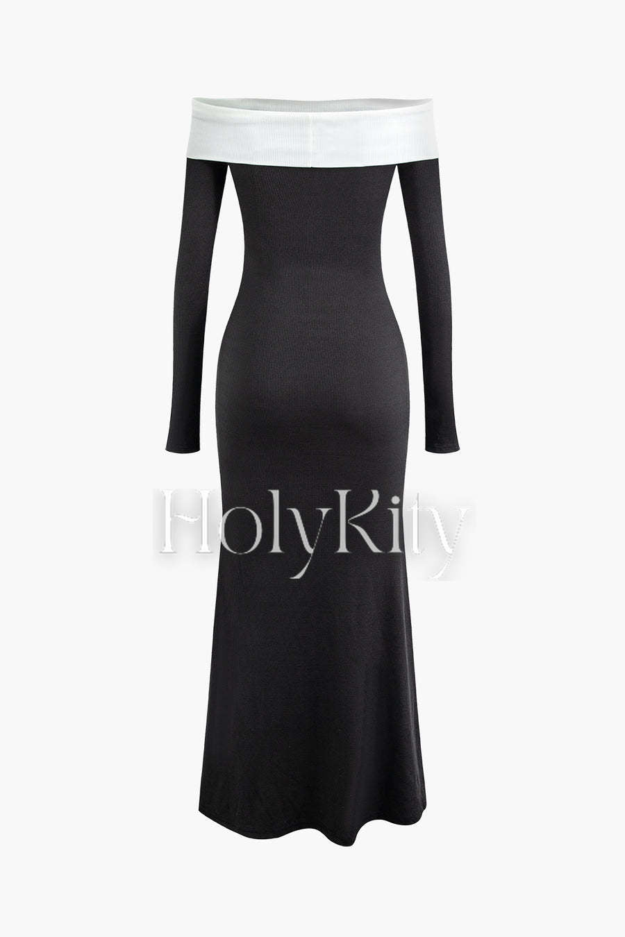 Kontrastierendes, schulterfreies Maxikleid mit langen Ärmeln