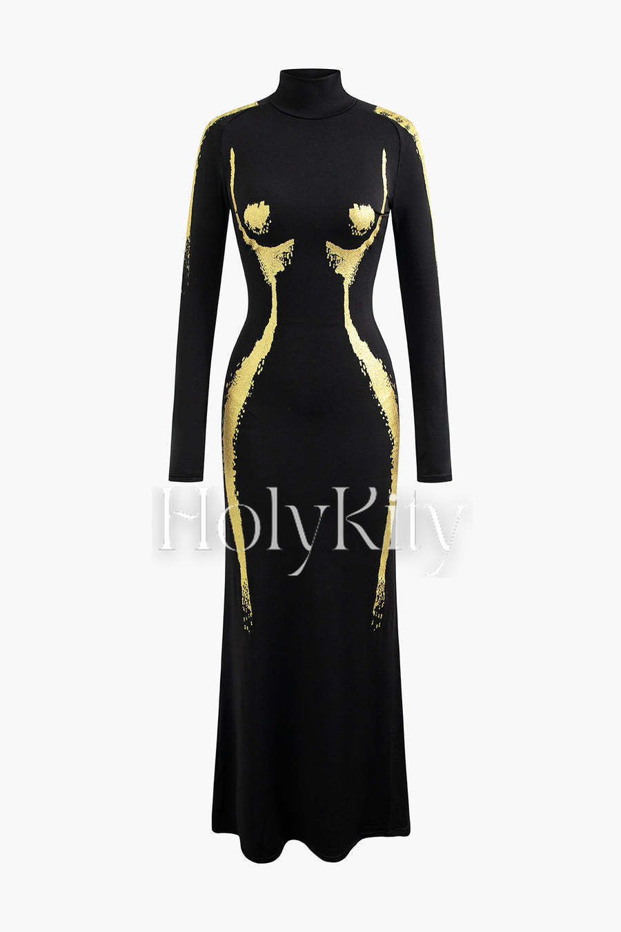 Body Print Turtle Neck Long Sleeve Maxi Dress