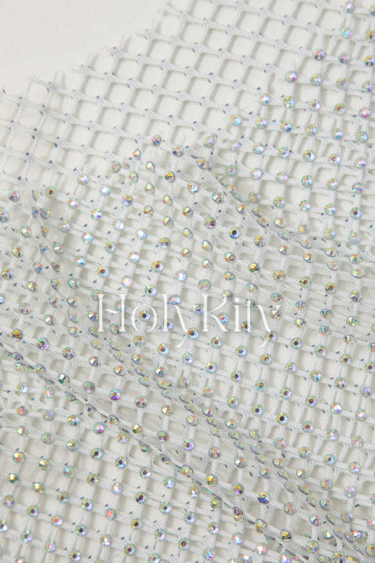 Haut court à manches longues en filet transparent avec strass