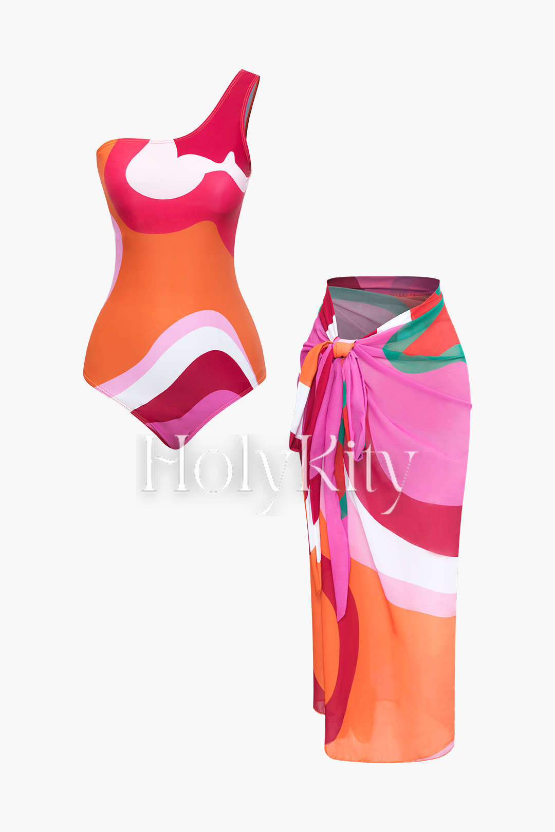 Contrast One Shoulder Bodysuit And Wrap Skirt Set