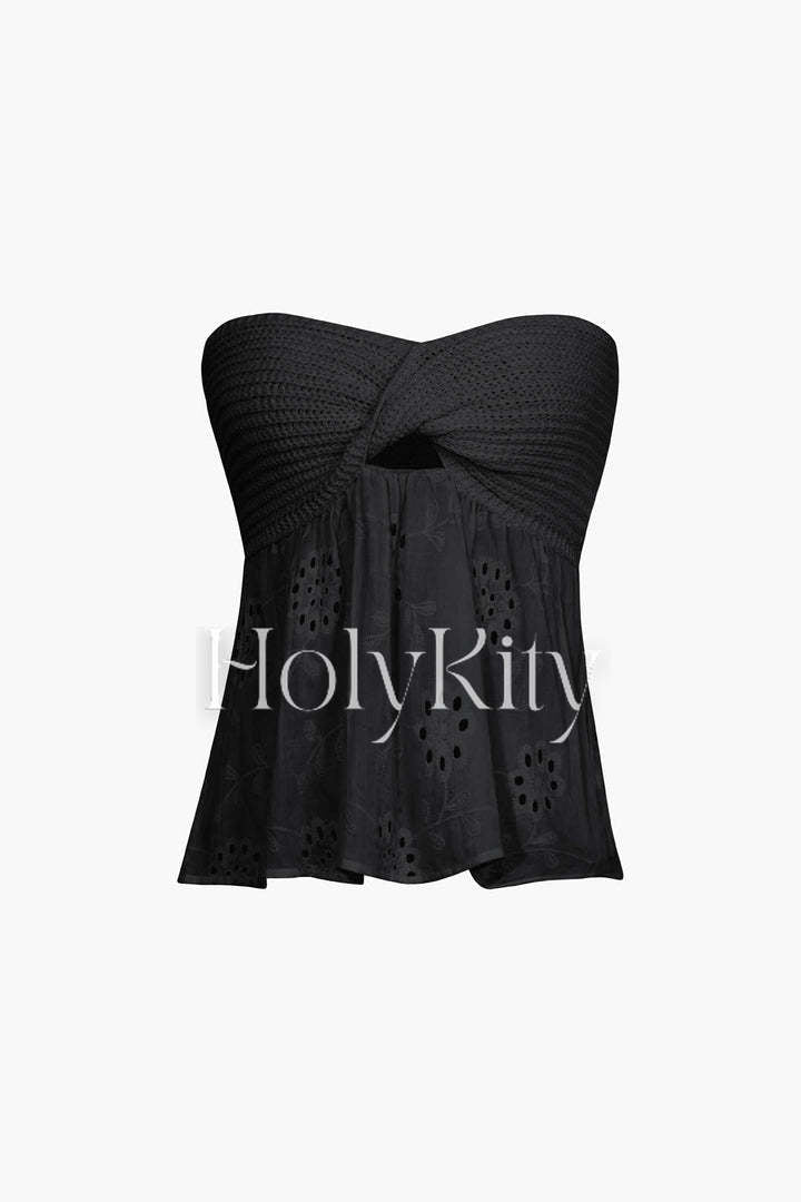 Strick-Tube-Top mit Knoten vorne und Stickerei