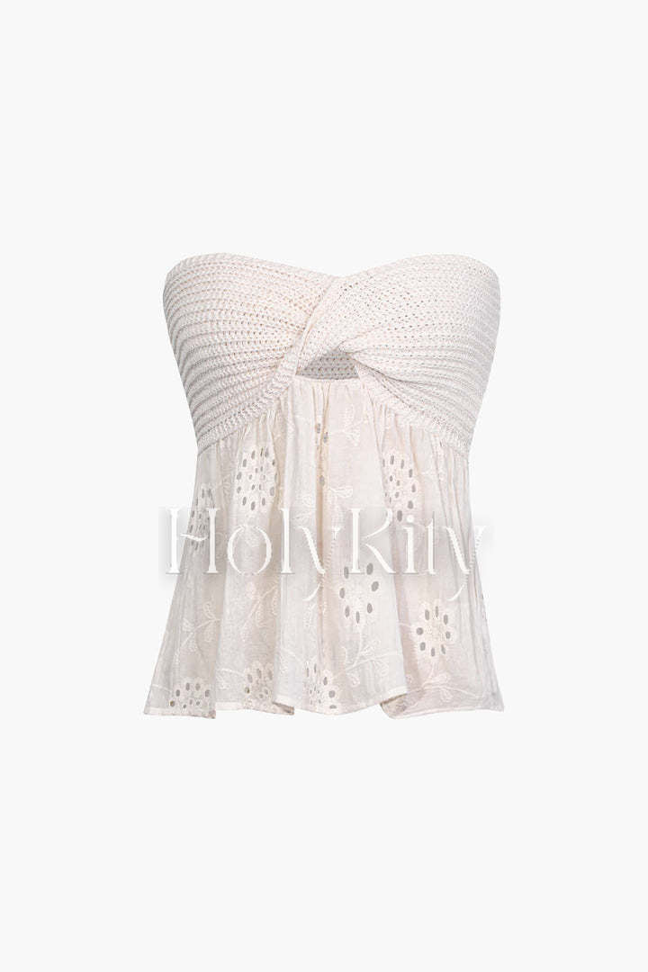 Strick-Tube-Top mit Knoten vorne und Stickerei