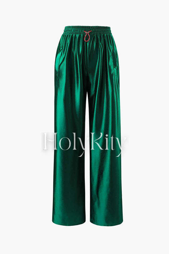 Satin Drawstring Wide Leg Pants