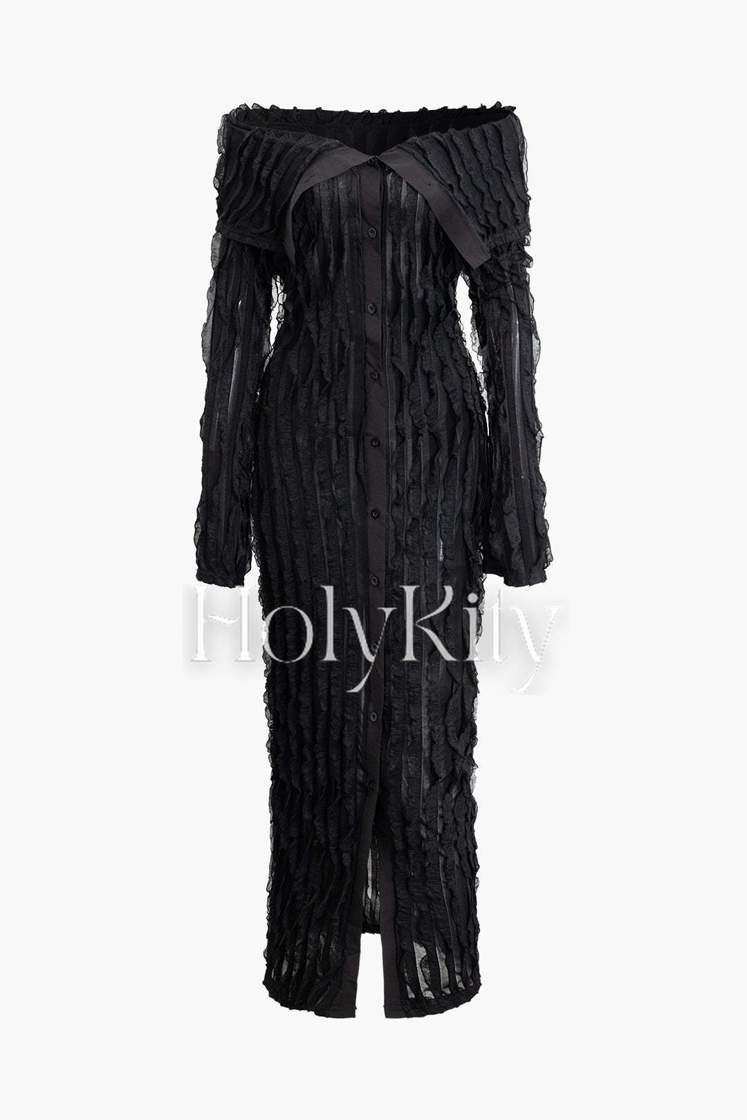 Schulterfreies, strukturiertes Maxikleid mit Knopfleiste und Schlitz und langen Ärmeln
