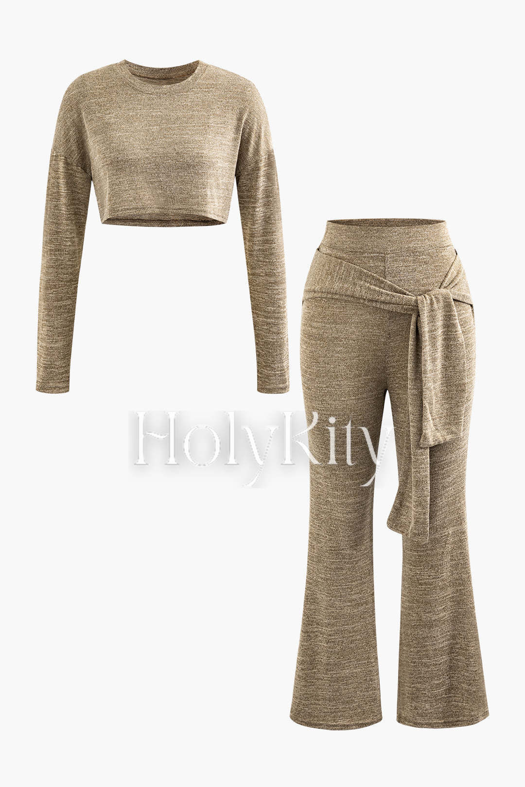 Ensemble haut court à manches longues en tricot et pantalon évasé noué sur le devant