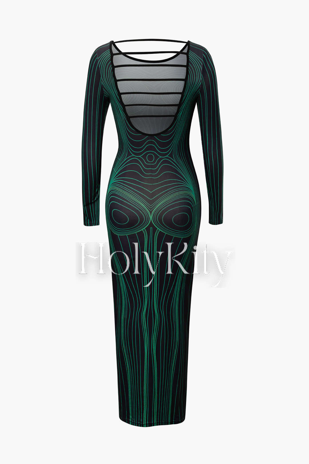 Rückenfreies Maxikleid mit langen Ärmeln und Bodyline-Print