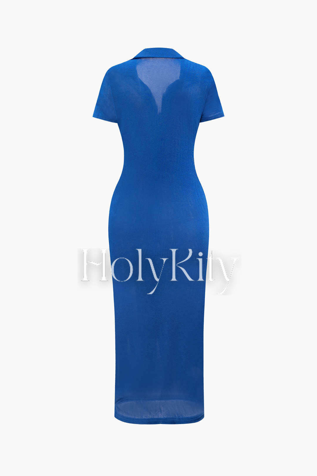 Robe mi-longue unie froncée à col boutonné