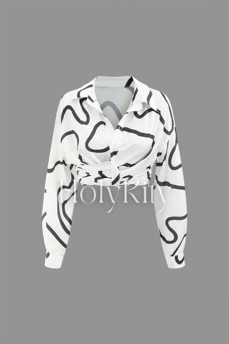Line Pattern Satin Crop Long Sleeve Shirt