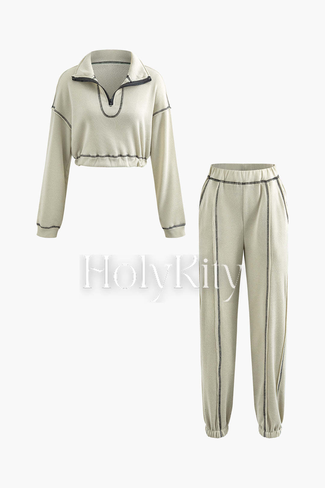 Set aus Sweatshirt und Jogginghose mit offenem Kragen und Kontrastnahtdetail