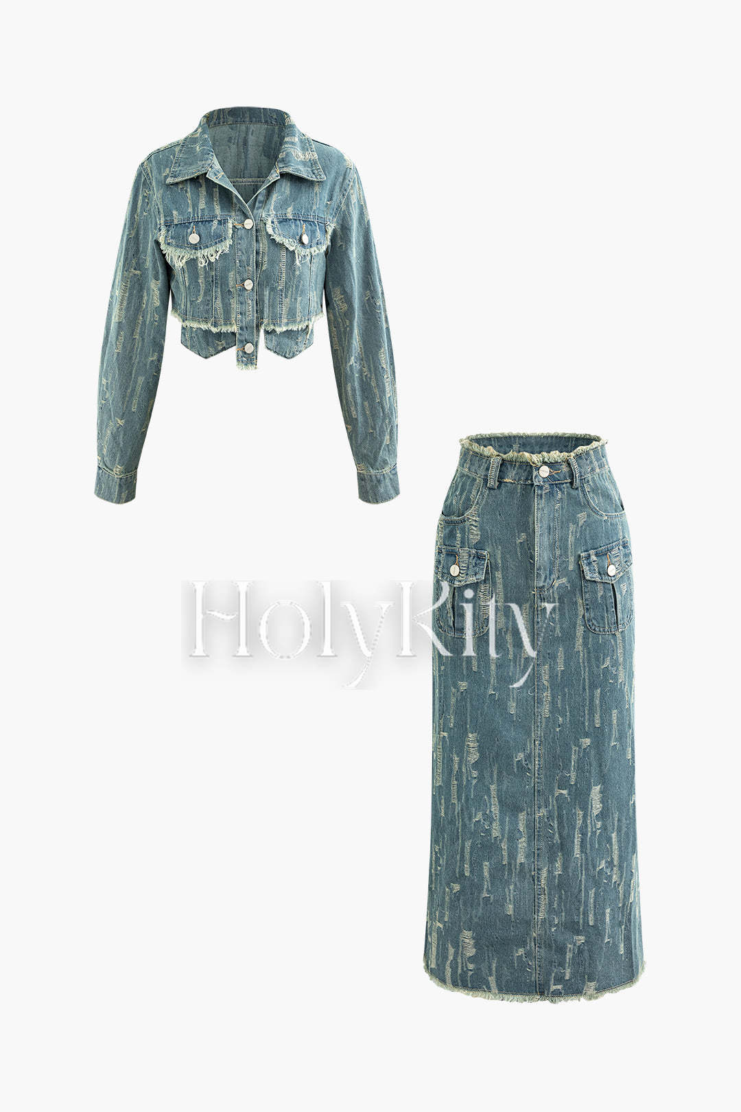 Frayed Denim Flap Pocket Button Up Crop Jacket And Slit Skirt Set