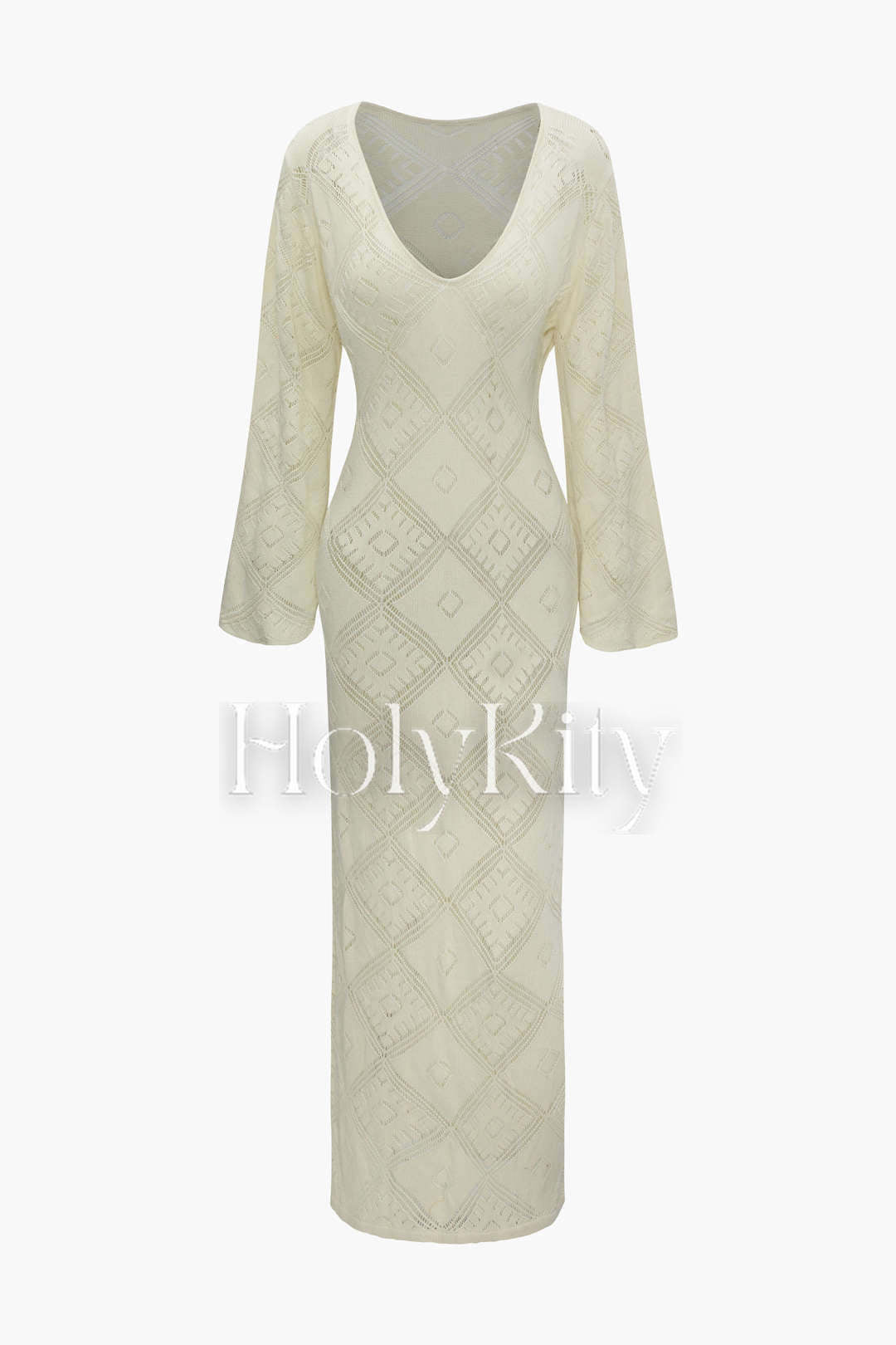 V-neck Open Knit Long Sleeve Maxi Dress