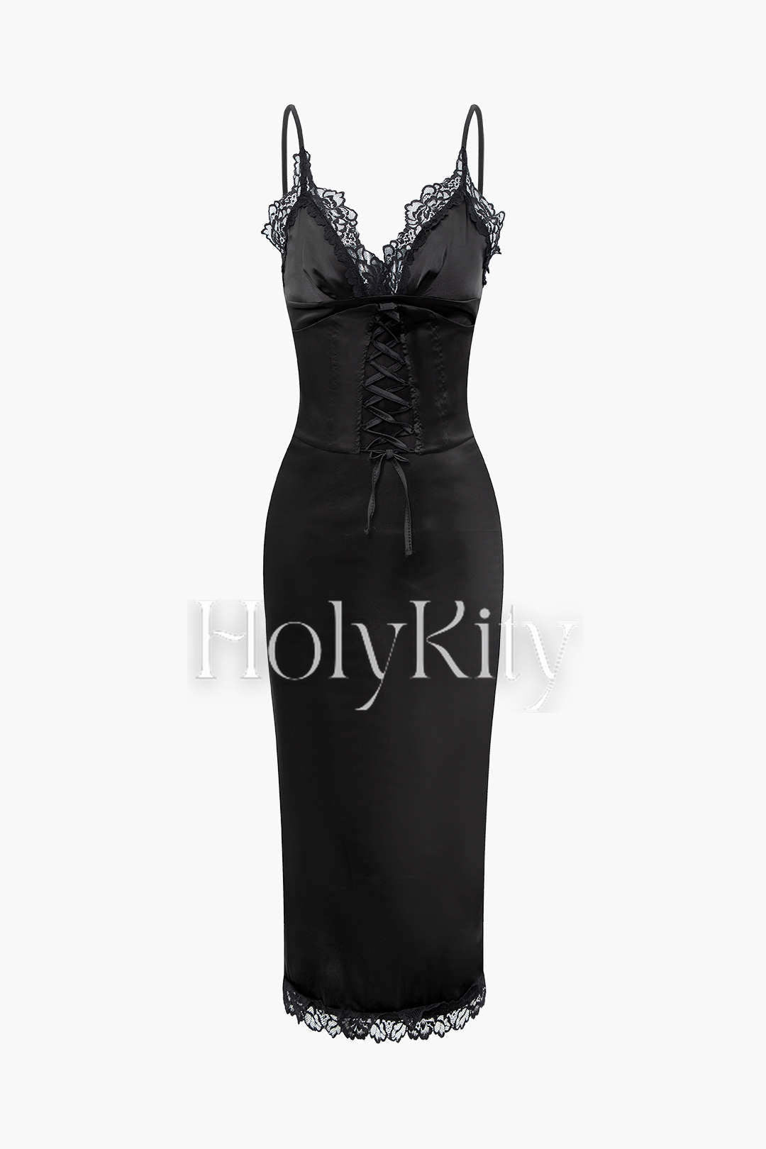 Maxikleid aus Satin mit V-Ausschnitt und Spitzenbesatz zum Binden vorn