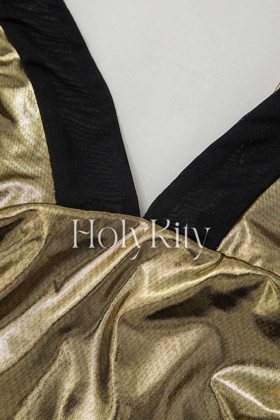 Robe midi fendue à col en V et froncée métallisée