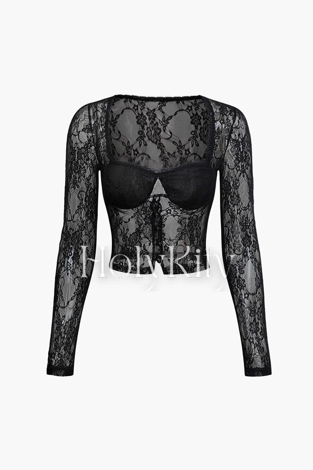 Haut court à manches longues et col carré en dentelle transparente