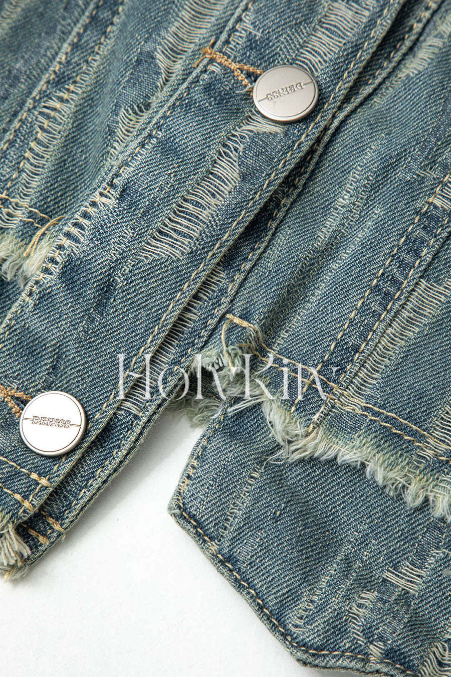 Frayed Denim Flap Pocket Button Up Crop Jacket And Slit Skirt Set