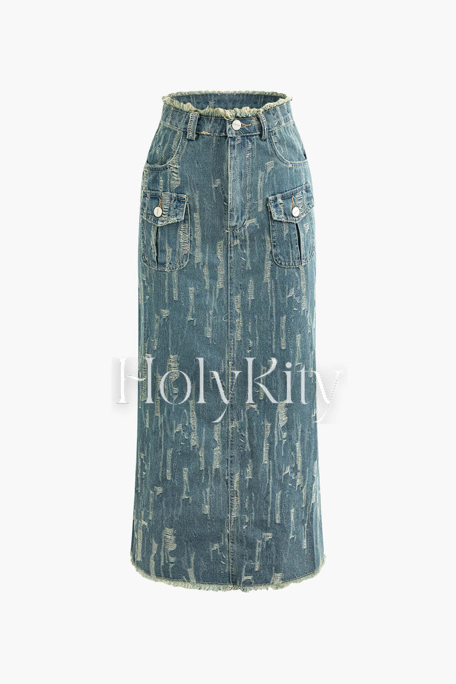 Frayed Denim Flap Pocket Button Up Crop Jacket And Slit Skirt Set